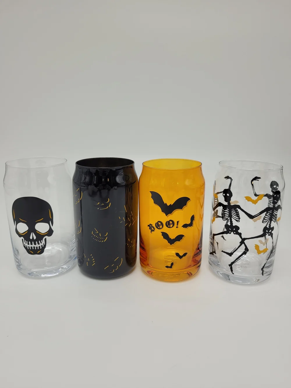 Oneida Vintro Halloween Glass Tumbler Set 4 Clear Black Skull Bat Skeleton NEW